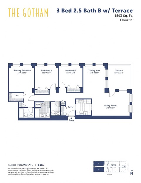 the floor plan of the gotham 3 bed 2 bath bw terrace